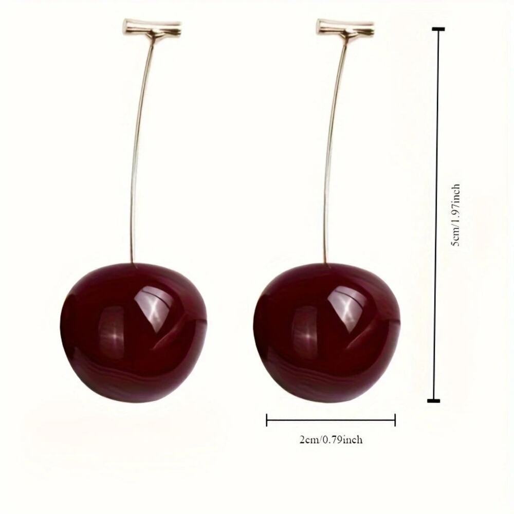 NEW Long Cherry Drop Earrings – Cute Red Fruit Dangle Statement Jewelry - Picture 3 of 5